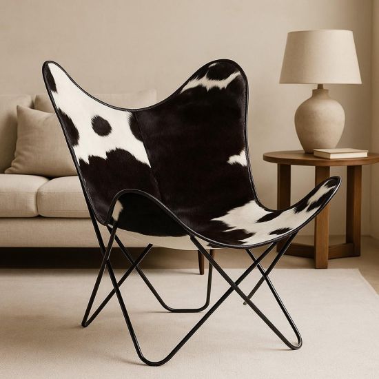 Butterfly Accent Chair - Black White Cow Hide Seat - Black Metal Frame