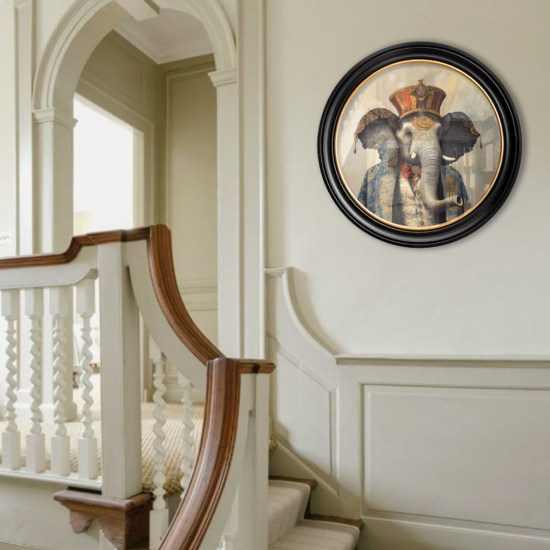 Eccentric Elephant Framed Wall Art - Black & Gold Round Frame