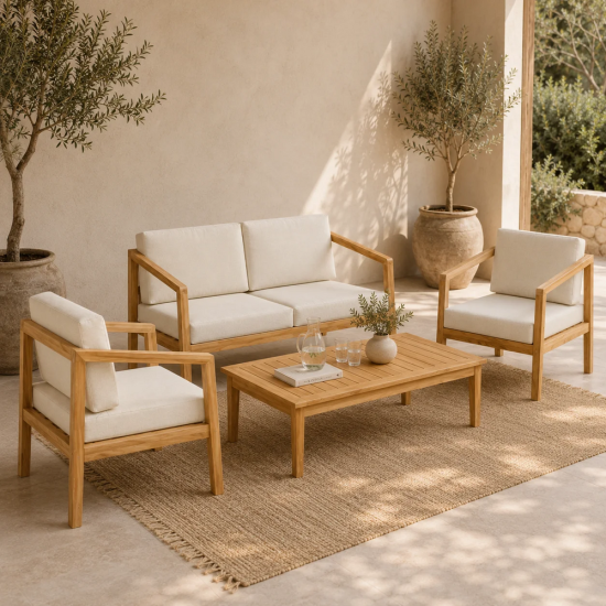 Kendari Garden Sofa Set - 4 Seater - Natural Cushions - Teak Frame