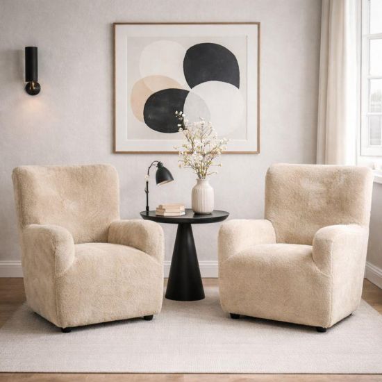 Lobo Armchair - Natural Faux Fur Fabric Seat - Black Wood Feet