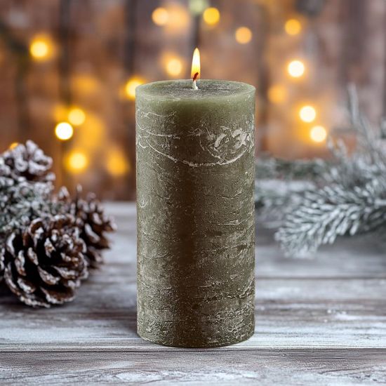 Rustic Pilar Candle - 15cm - 60 Hours Burn Time - Olive Green