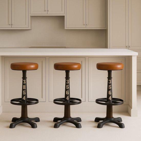 Singer Bar Stool - Tan Leather Round Seat - Metal Base - 75cm