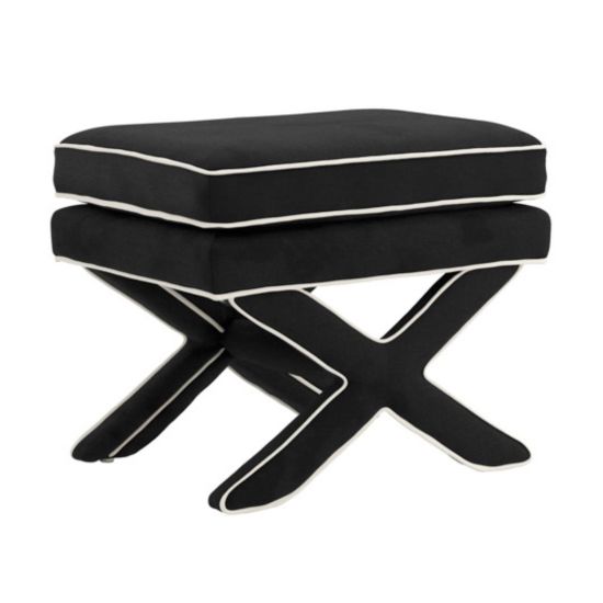Emilia Low Stool - Onyx Black Soft Velvet Fabric Pillow Seat - X-Shaped Legs