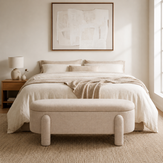 Hugo Storage Ottoman  - Cream Fully Upholstered Bench