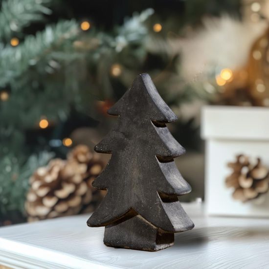 Christmas Decoration Tree - Grey Ceramic Standing Ornament - Rustic Detail - 24cm