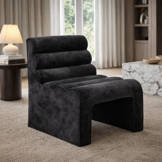 OTI NAMI - Accent Chair -Black Velvet Chenille -Sculpted Ribbed Design