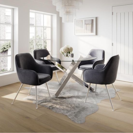 Noble Round Dining Table - Glass Top - Silver Stainless Steel Legs - 120cm