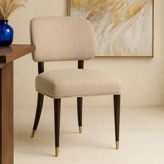Granada Dining Chair - Light Brown Linen Fabric - Solid Dark Oak Frame