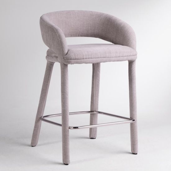 Hagen Bar Stool Grey Fabric Curved Fully Upholstered Frame with Metal Footrest