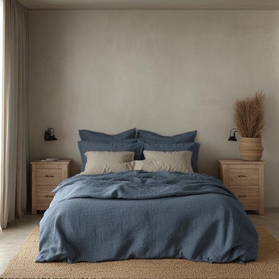 Duvet Cover & Pillowcase Set - Denim Blue - Muslin Cotton - King