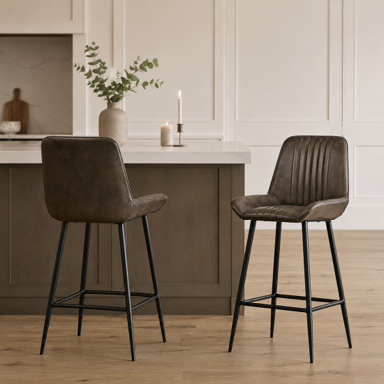 Brooklyn Bar Stool - Grey Leather Seat - Black Metal Base - 66 cm