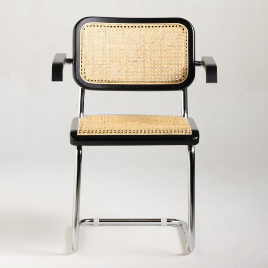 Cesca Inspired Armchair - Black & Natural Rattan Seat - Chrome Frame