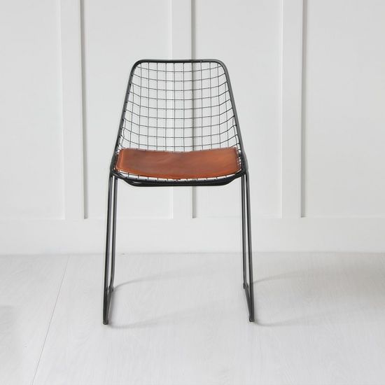 Wire Dining Chair - Tan Seat Pad - Black Frame