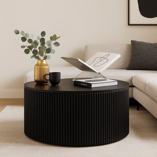 Dowson Coffee Table - Black Ash Natural Round Top - Ribbed Base - 46.5 x 65cm