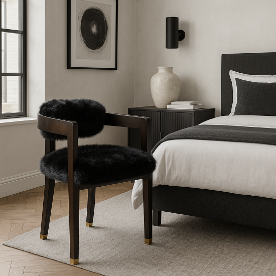 Alaska Dining Chair - Black Faux Fur Seat - Solid Oak Frame with Brass Caps