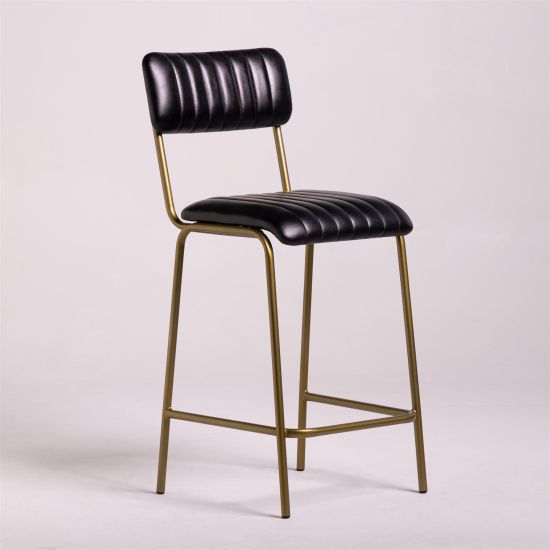 Diner Bar Stool - Black Real Leather Seat - Antique Brass Metal Frame - 66cm