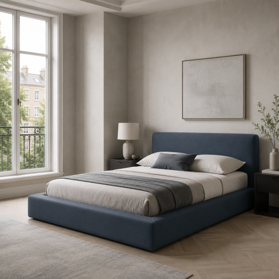 Serenity Double Bed Frame - Ink Blue Weave - Low-Profile Extra-Wide Base