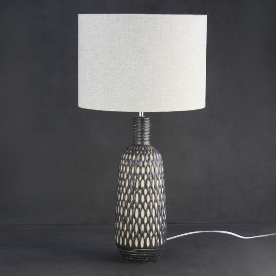 Sheldrick Table Lamp - Linen Light Shade - Black Ceramic Base - 67cm