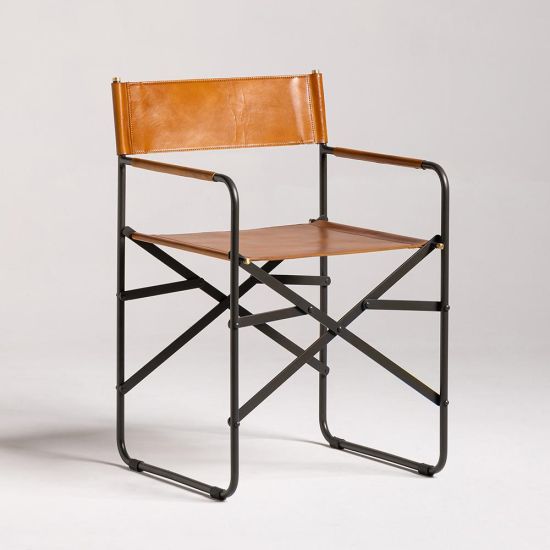 Scout Dining Chair - Tan Real Leather Seat - Black Folding Frame