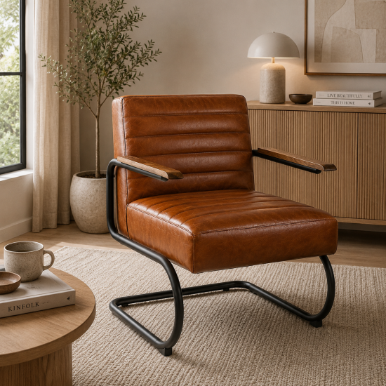 Ealing Armchair - Brown Real Leather Seat - Black Metal Cantilever Base