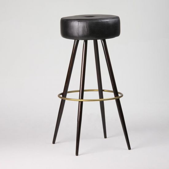 Crompton Bar Stool - Black Round Leather Seat - Pewter & Brass Base - 66cm