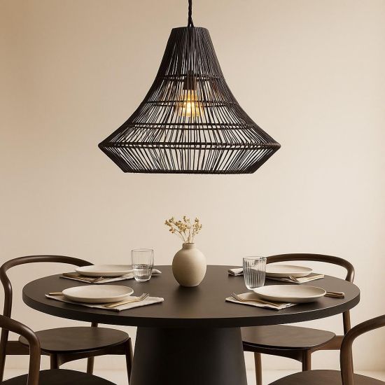 Cairo Ceiling Light - Black Rattan Pendant Lampshade - Manilla Rope - 60cm