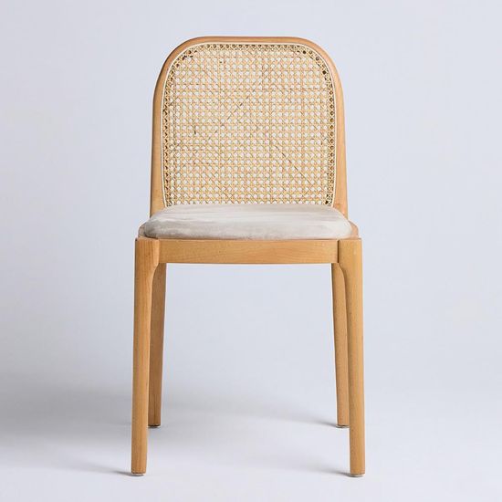 Thomas Dining Chair - Natural Velvet Fabric Seat - Natural Wood Frame