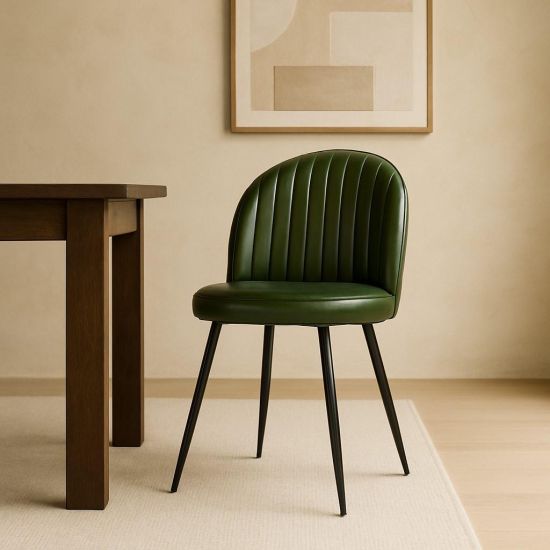 Ducie Dining Chair - Green Leather Seat - Black Base