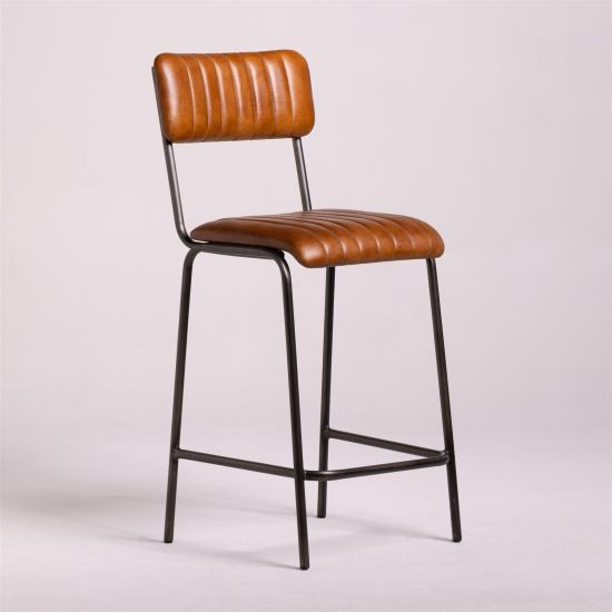 Diner Bar Stool - Tan Real Leather Seat - Grey Metal Frame - 66cm