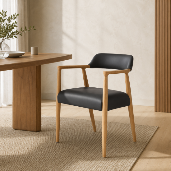 Derek Dining Chair - Grey PU Leather Seat - Natural Ash Curved Frame