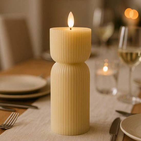 Luxe LED Candle - Stone - Real Wax - Carved Ribbed Effect - 7 x 24cm