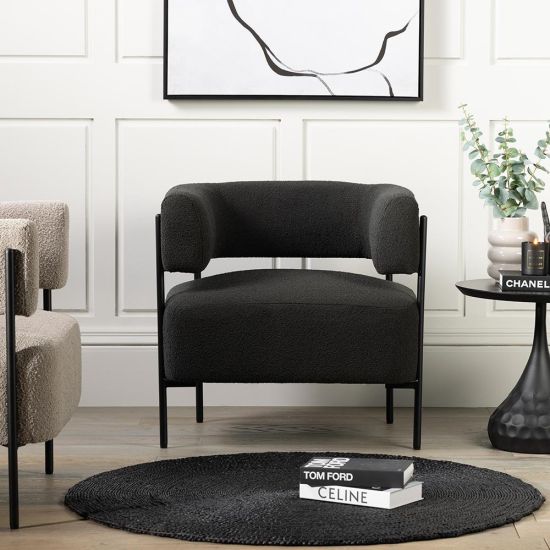 Cheam Occasional Armchair - Charcoal Boucle Seat - Black Curved Metal Frame