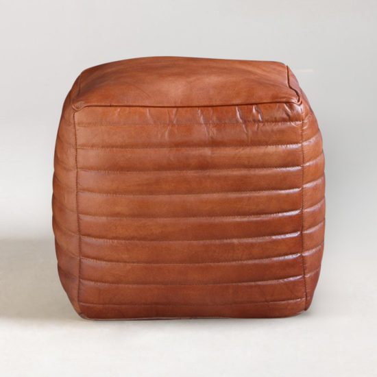Square Pouffe - Tan Ribbed Real Leather - 40 x 45cm