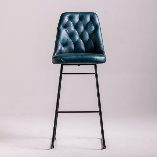 Hague Bar Stool - Blue Real Leather Seat - Black Base - 75cm