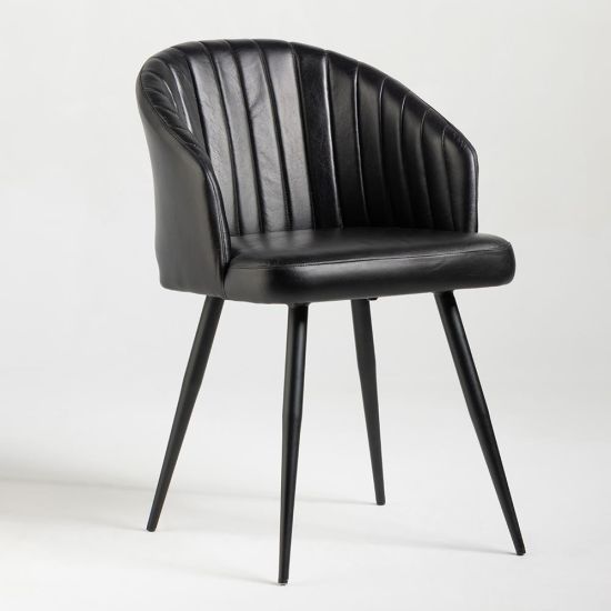 Wilson Dining Chair - Black Real Leather Seat - Black Metal Base