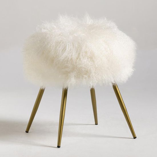 Mongolian Low Stool - White Low Fur Round Seat - Gold Pencil Legs