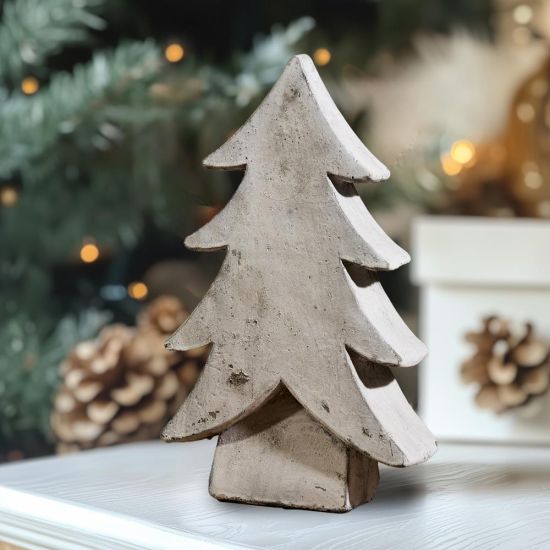 Christmas Decoration Tree - Ceramic Stone Standing Ornament - Rustic Detail - 32cm