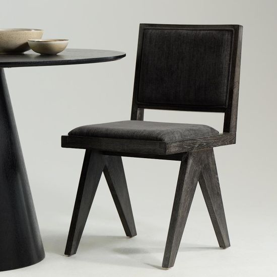 Dimo Dining Chair - Grey Fabric Seat - Brushed Black Oak Solid Frame