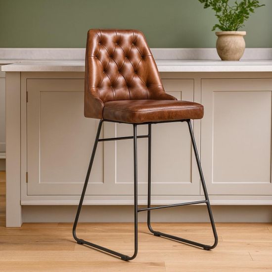Hague Bar Stool - Brown Leather Seat - Black Metal Base - 66cm