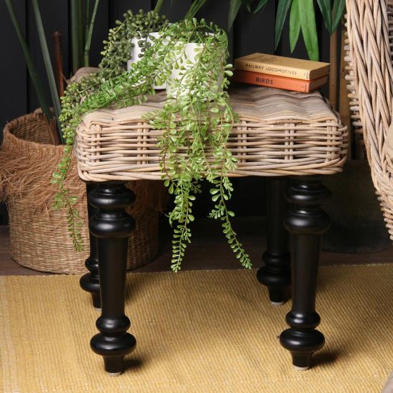 Kruk Side Table - Square Grey Rattan Top - Black Legs - 46 x 45cm