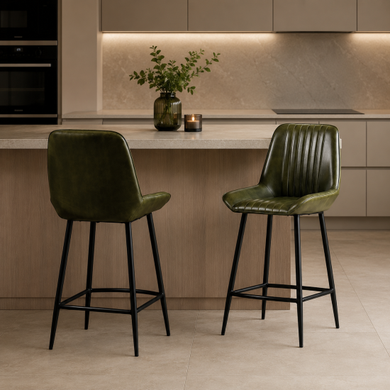 Brooklyn Bar Stool - Green Leather Seat - Black Metal Base - 66 cm