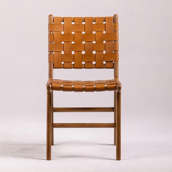 London Dining Chair - Tan Real Leather Strap Seat - Teak Frame