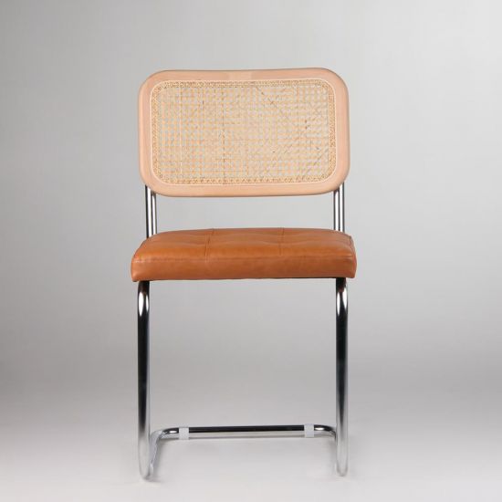 Cesca Inspired Dining Chair - Tan PU Leather Seat - Chrome Frame