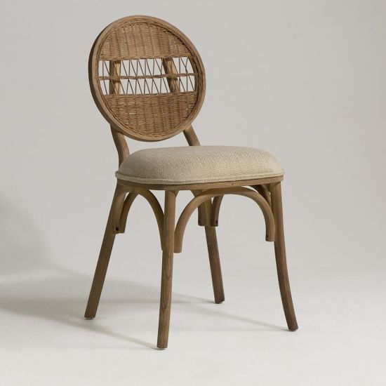 Loren Dining Chair - Fabric Seat - Rattan Round Backrest - Grey Elm Frame