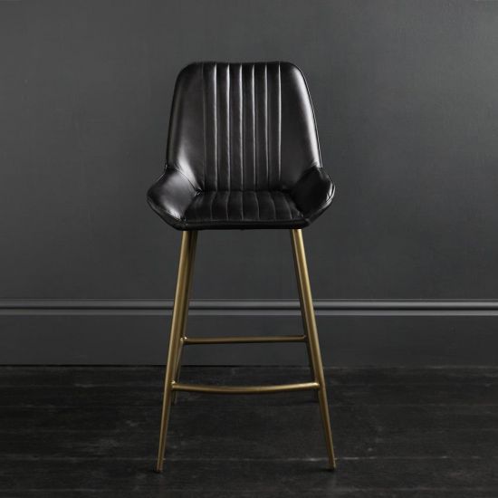 Brooklyn Bar Stool Leather Black Ribbed Seat & Brass Frame 66 cm