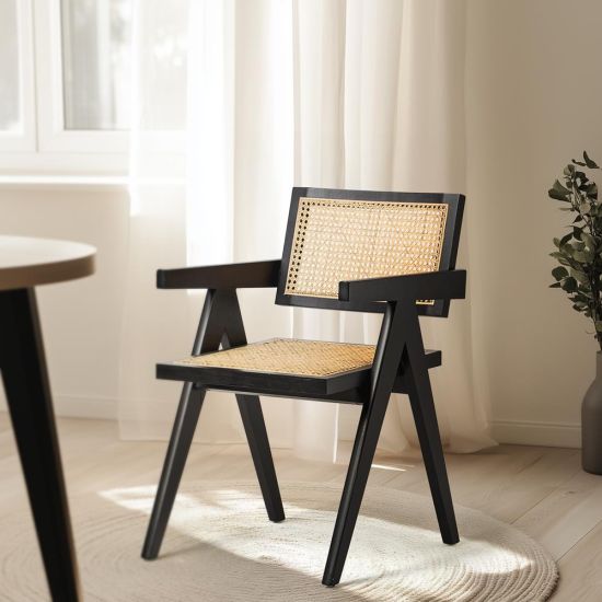 Adagio Inspired Dining Chair - Natural Rattan Cane Seat and Backrest - Black Frame