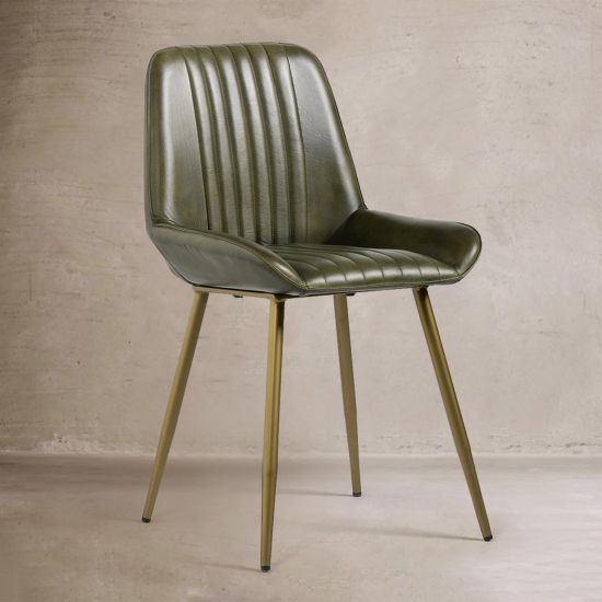 Brooklyn Dining Chair - Green Real Leather Seat - Dull Gold Base