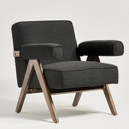 Lorenzo Accent Armchair - Charcoal Boucle Fabric Seat - Brushed Wood Frame