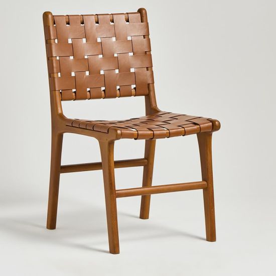 London Dining Chair - Tan Real Leather Strap Seat - Teak Frame