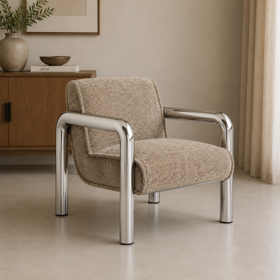 OTI Haider Armchair - Light Brown Textured Seat - Chrome Accent Frame